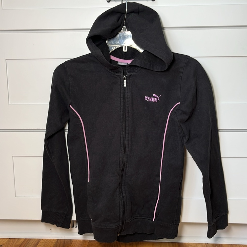 Puma Girls Zip Up Hoodie Black with Pink Sparkles Size L 12-14